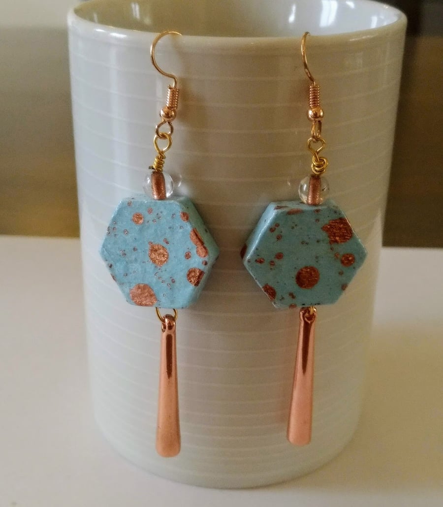 Hexagon decoupaged wood earrings