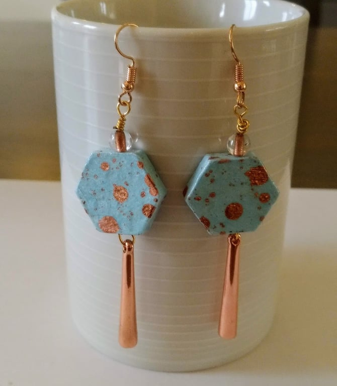 Hexagon decoupaged wood earrings
