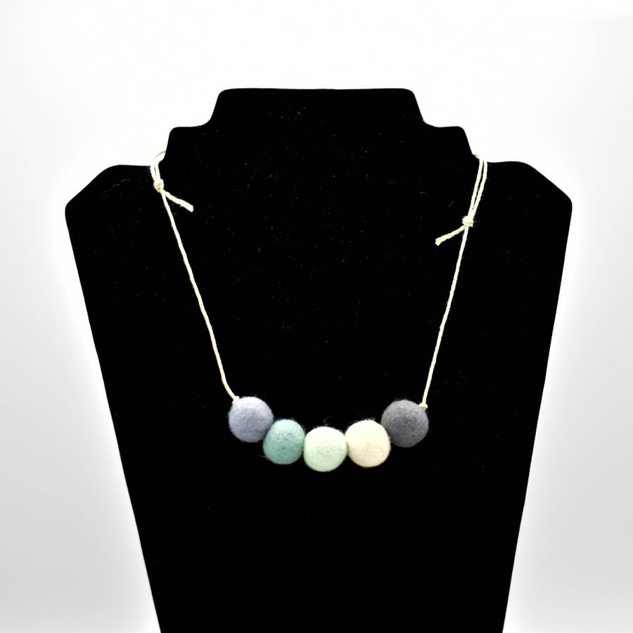 Felted bead necklace in grey, green and cream wool