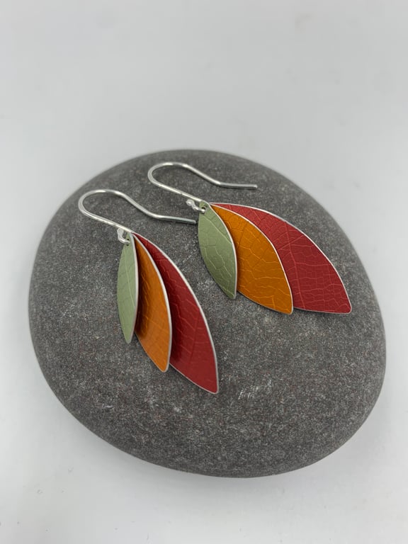 Aluminium layered parrot wing earrings red orange yellow