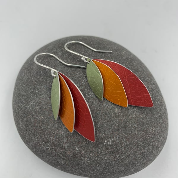 Aluminium layered parrot wing earrings red orange yellow
