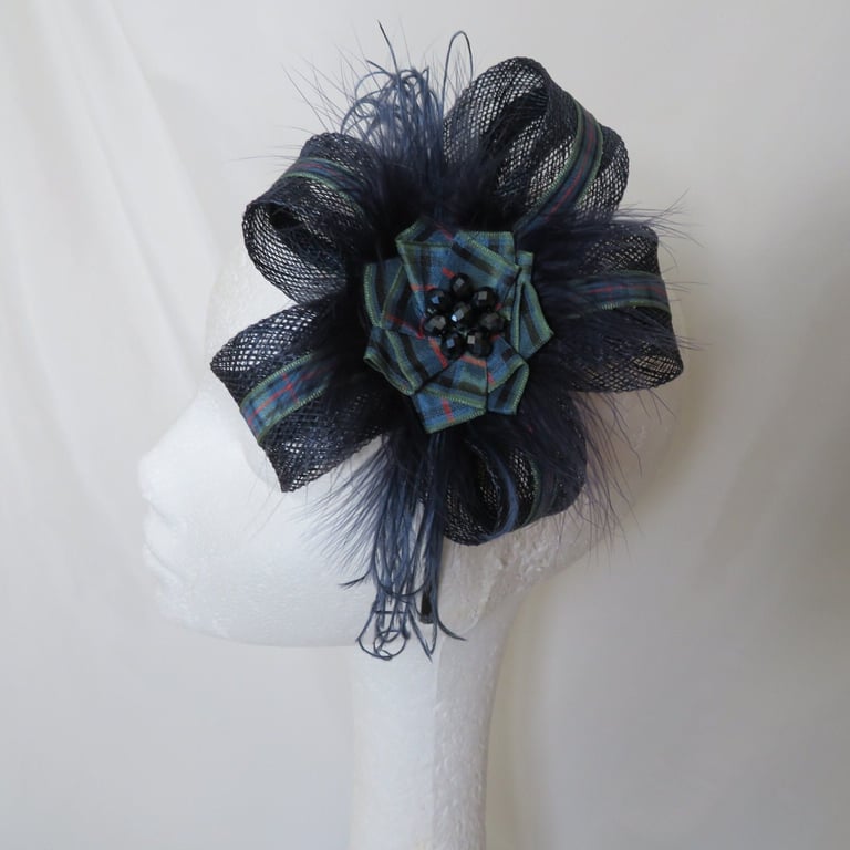 Navy Blue Fascinator Sinamay Loop with Flower of Scotland Tartan Mini Hair Clip 