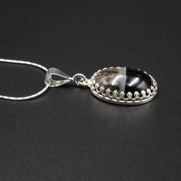 Black banded agate sterling silver handmade gemstone pendant necklace