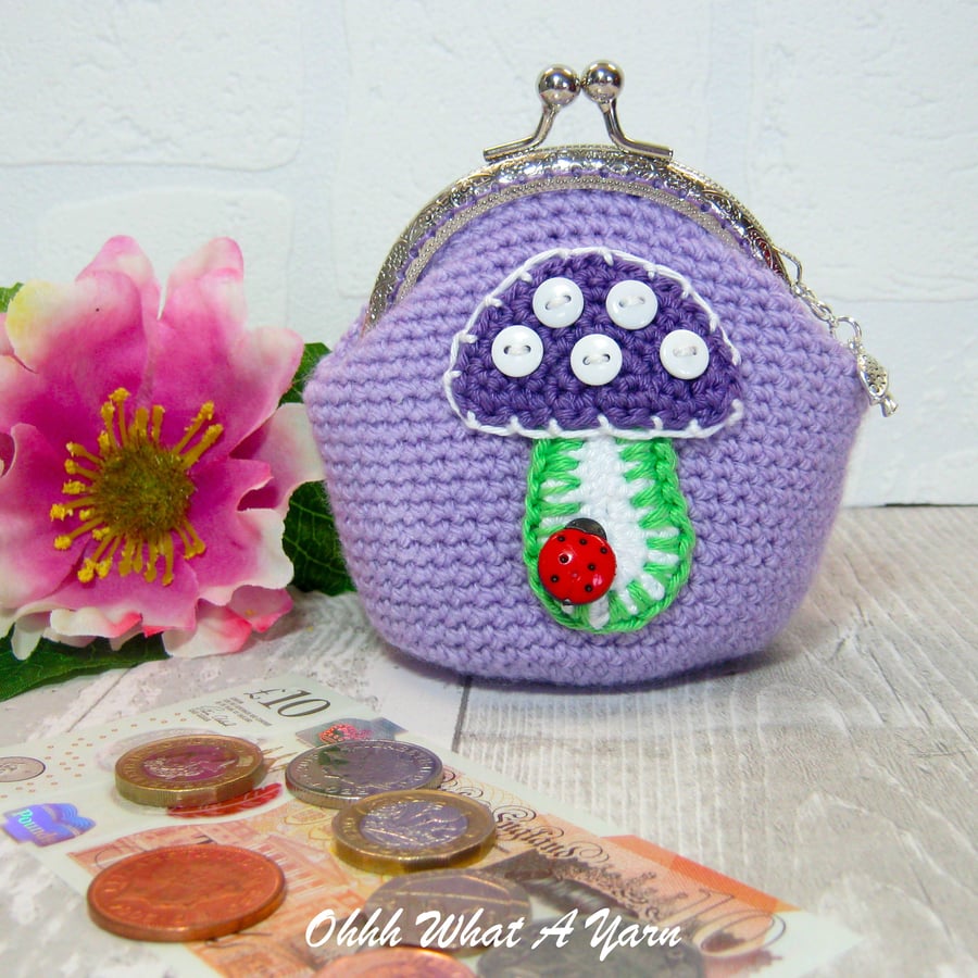Crochet lilac toadstool coin purse, shroom purse, clasp purse, mushroom purse.