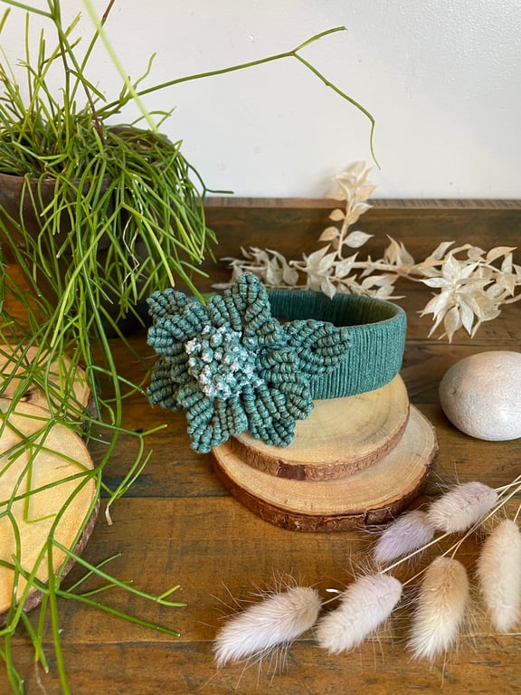 Handmade Macrame Flower Headband - Turquoise 