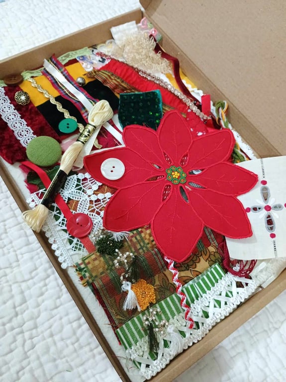 Christmas fabric Inspiration bundle - Red Poinsettia slow stitching textile art