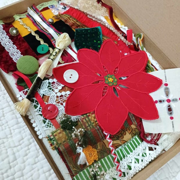 Christmas fabric Inspiration bundle - Red Poinsettia slow stitching textile art