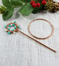 Copper Shawl Pin - Festive Wreath with Turquoise & Shell - Image 5