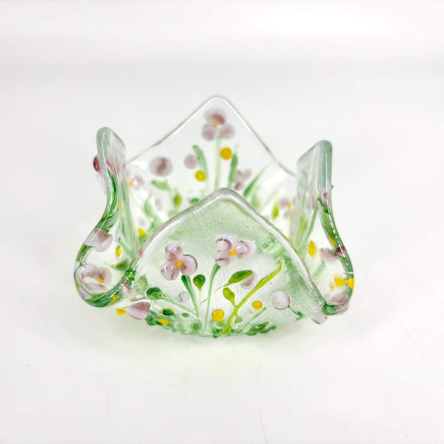 Fused Glass  Floral Tea Light Holder 
