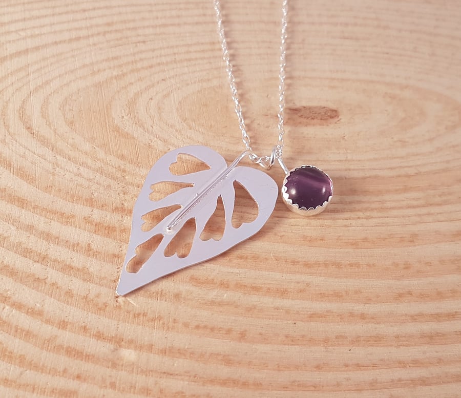 Sterling Silver Heart Leaf Necklace with Fluorite Cabochon