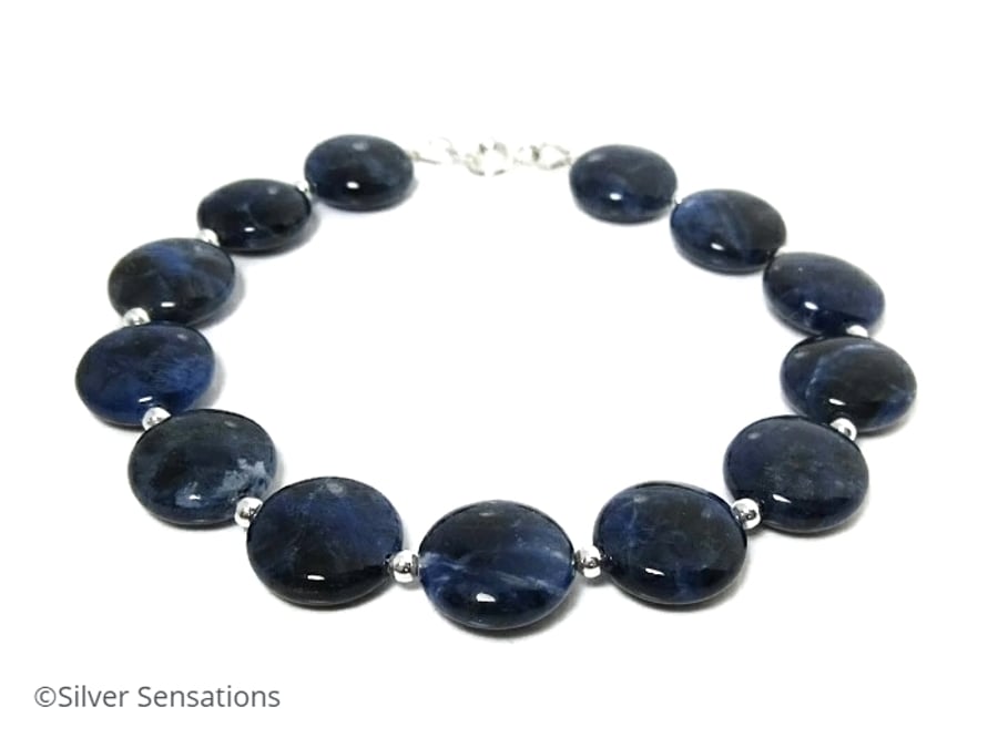 Navy Blue Sodalite Gemstones Bracelet With Sterling Silver - Unisex Gift