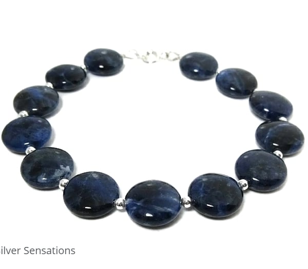 Navy Blue Sodalite Gemstones Bracelet With Sterling Silver - Unisex Gift