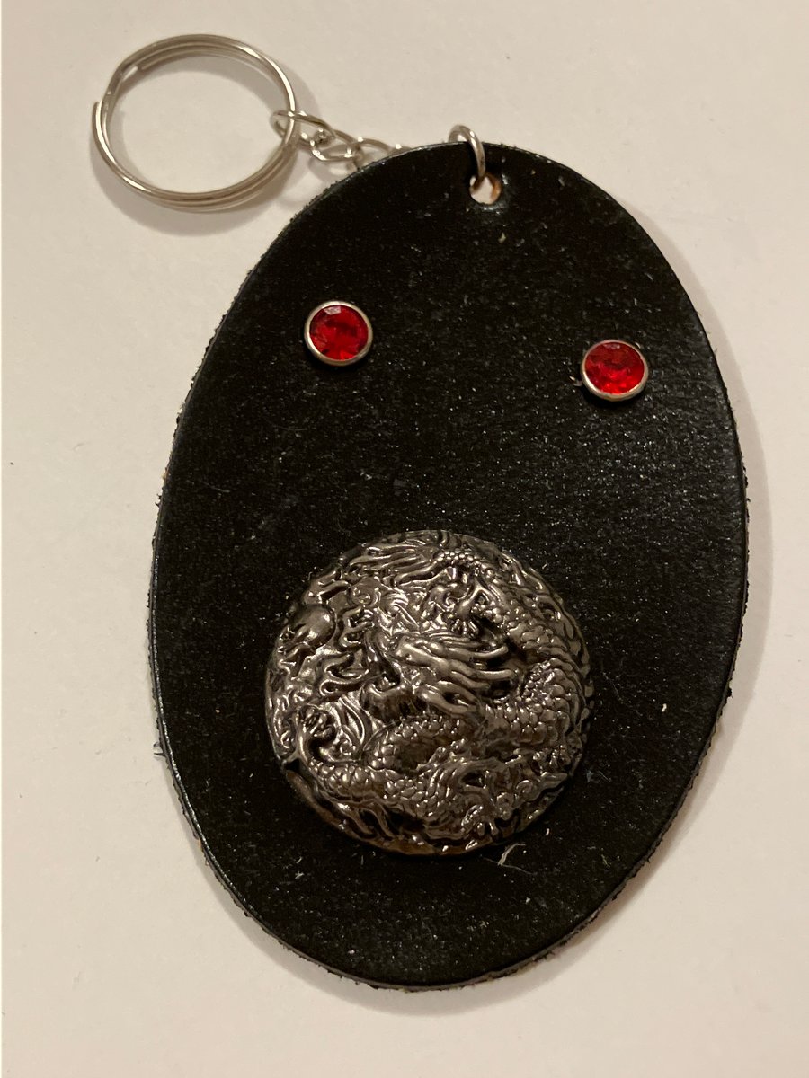 Black Leather Keyring with Chinese Dragon and 2 Red Gemstones - FREE SHIPPING