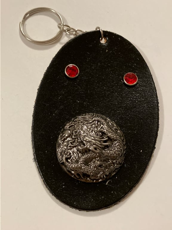 Black Leather Keyring with Chinese Dragon and 2 Red Gemstones - FREE SHIPPING