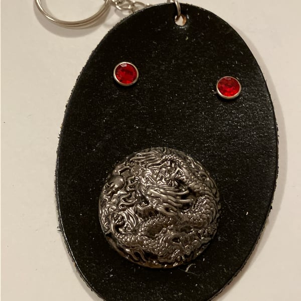Black Leather Keyring with Chinese Dragon and 2 Red Gemstones - FREE SHIPPING