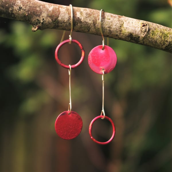  Mismatched Red Copper Circles Earrings