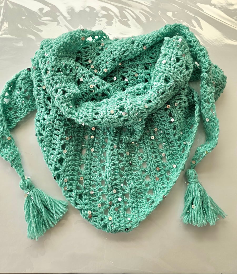 Teal green triangle scarf with silver sequins 