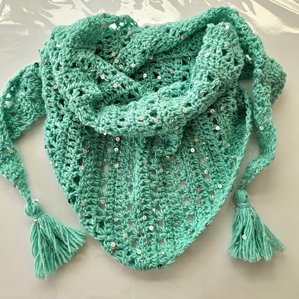 Teal green triangle scarf with silver sequins 