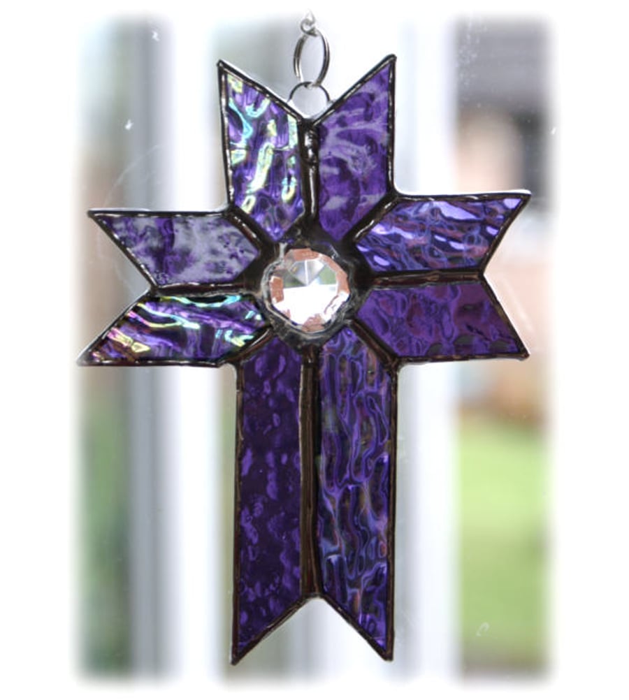 SOLD Cross Suncatcher Stained Glass Handmade Purple Crystal 