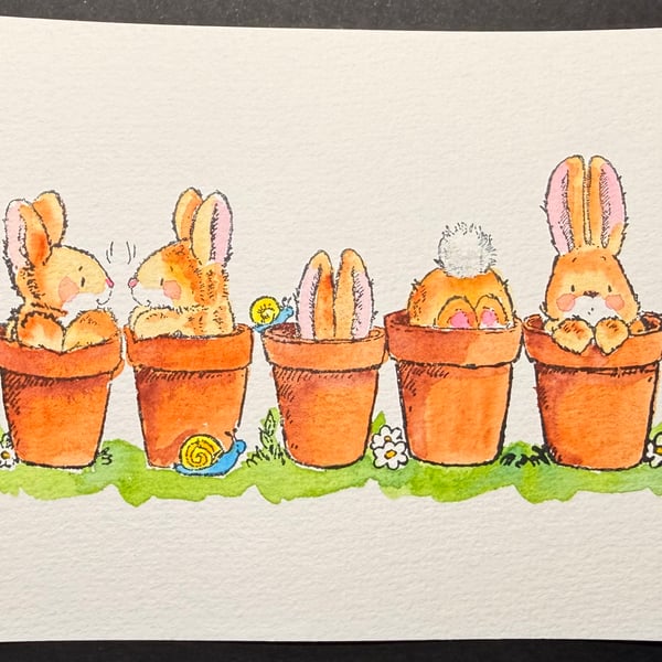 Hand watercoloured card topper from Penny Black stamp - bunnies in flowerpots