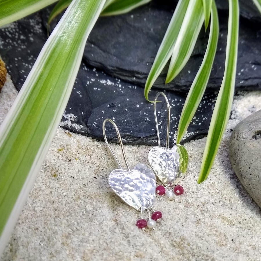 Silver Hearts with Rubies & Pearls Earrings