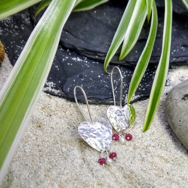 Silver Hearts with Rubies & Pearls Earrings