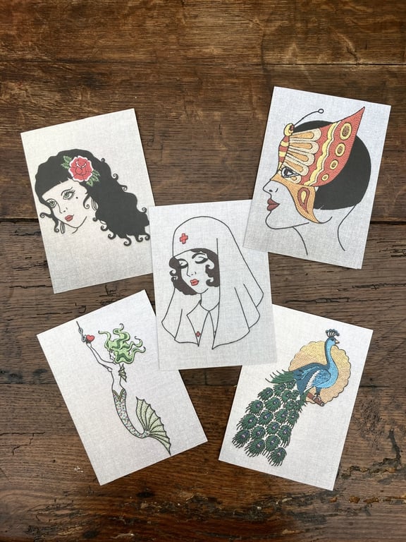Pack of Five Tattoo Embroidery Art Blank Cards