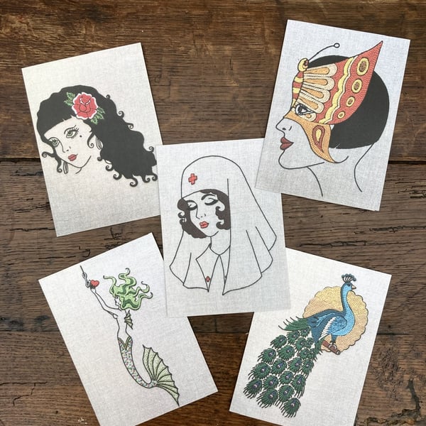 Pack of Five Tattoo Embroidery Art Blank Cards