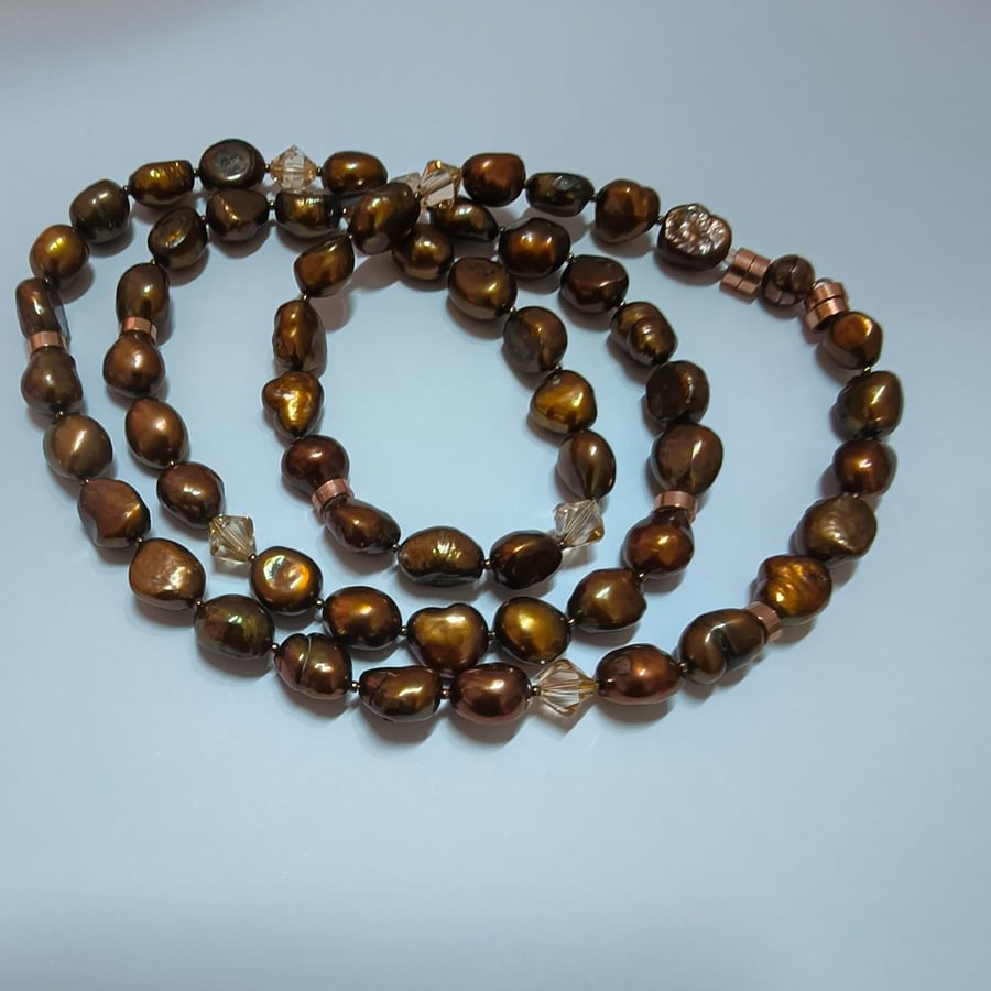 Bronze Freshwater Pearl Necklace with Swarovski Crystals - Artisan Handmade