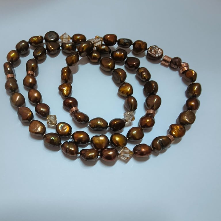 Bronze Freshwater Pearl Necklace with Swarovski Crystals - Artisan Handmade