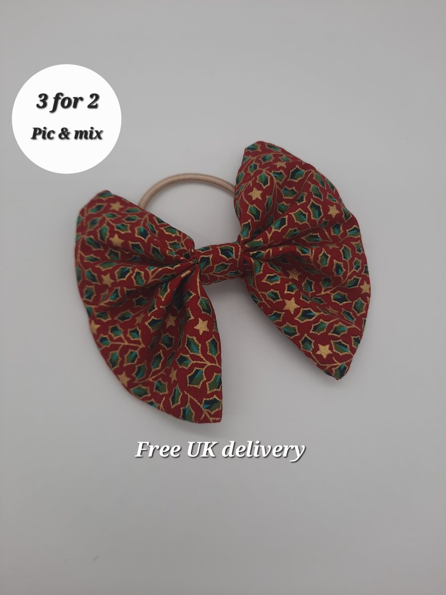Hair bow bobble Christmas Red Holly. Free UK delivery.  