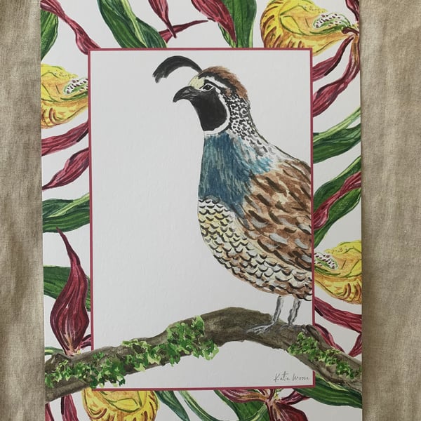 Quail, Orchid Border A4 Eco-Friendly Art Print