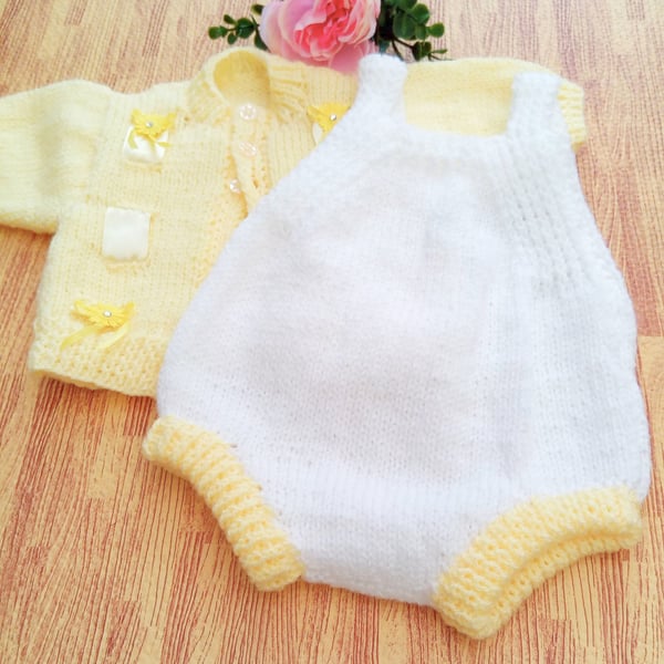 Knitted Romper and Cardigan Set, Hand Knitted Baby Outfit, Baby Shower Gift