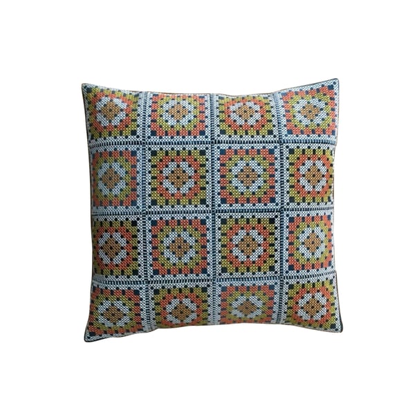 Denim Granny Square Cushion Cover: Cross Stitch Patchwork Pillow (40cm)