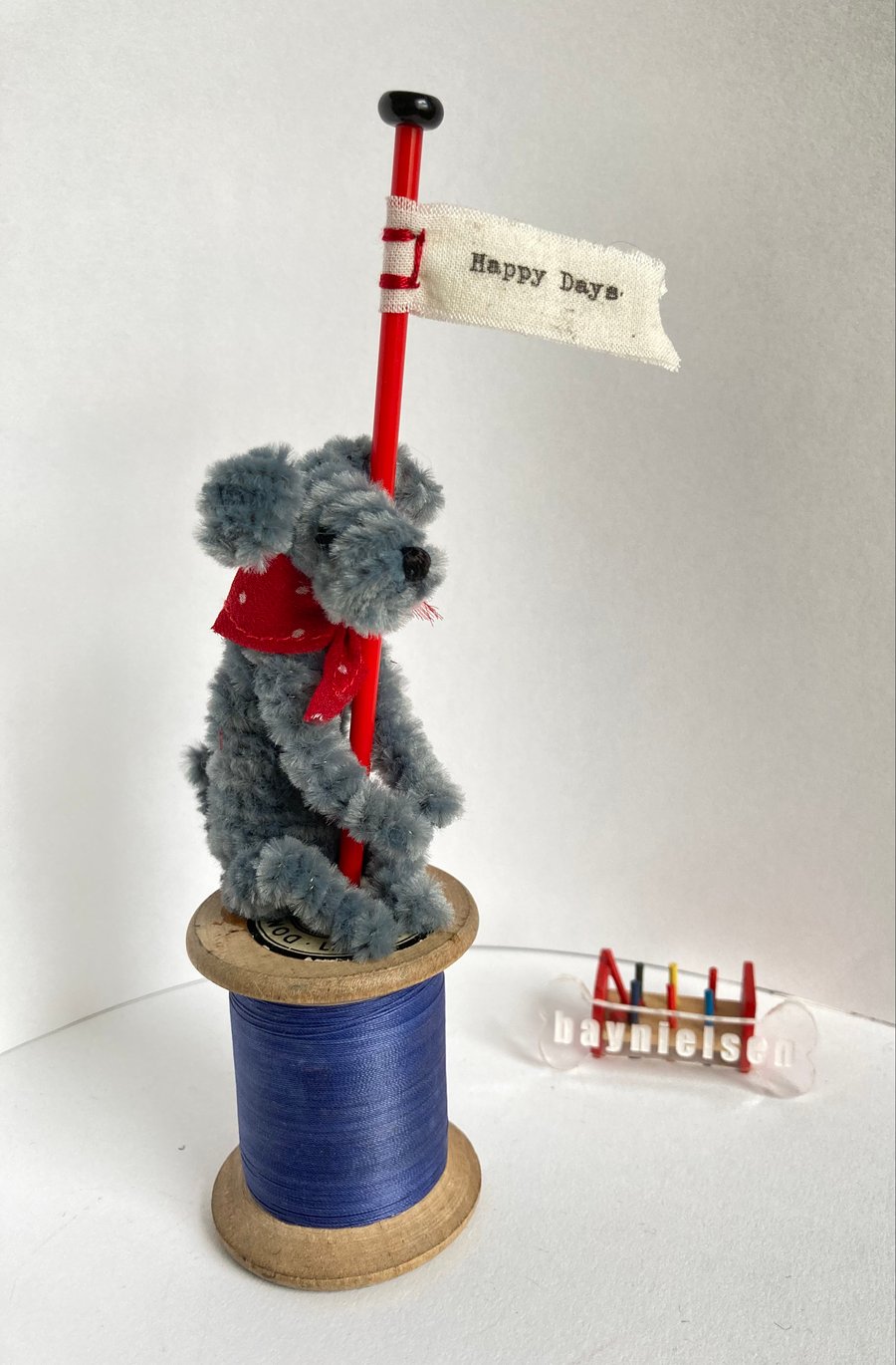 Miniature Handmade Dog on a Vintage Spool of Cotton - Flag Message 