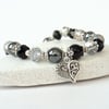 Stretchy monochrome gemstone & crystal bracelet, with heart charm