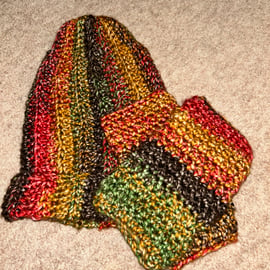 Hand Crocheted Chunky Hat and Fingerless Gloves Set
