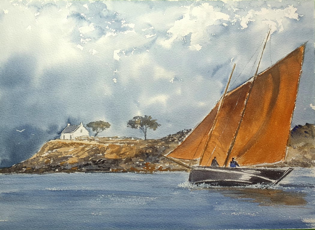 Original Watercolour Seascape. Breton Fishing Boat . Nautical Wall Art. 15x11 in