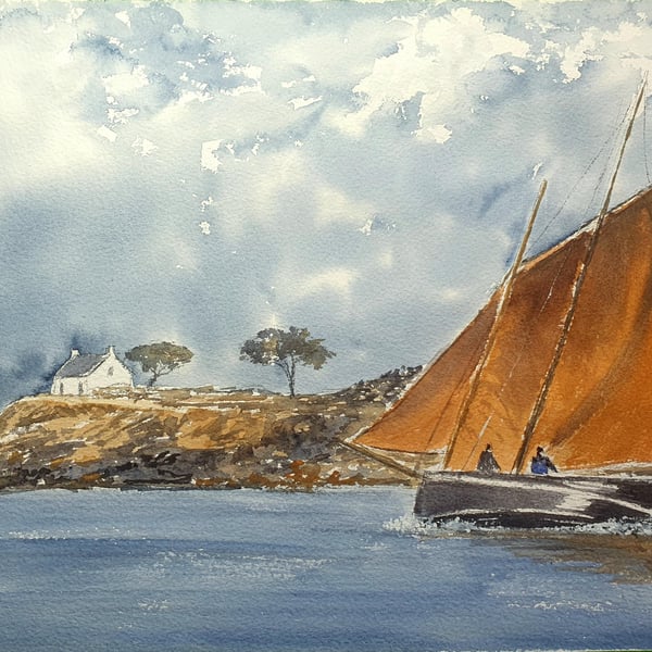 Original Watercolour Seascape. Breton Fishing Boat . Nautical Wall Art. 15x11 in