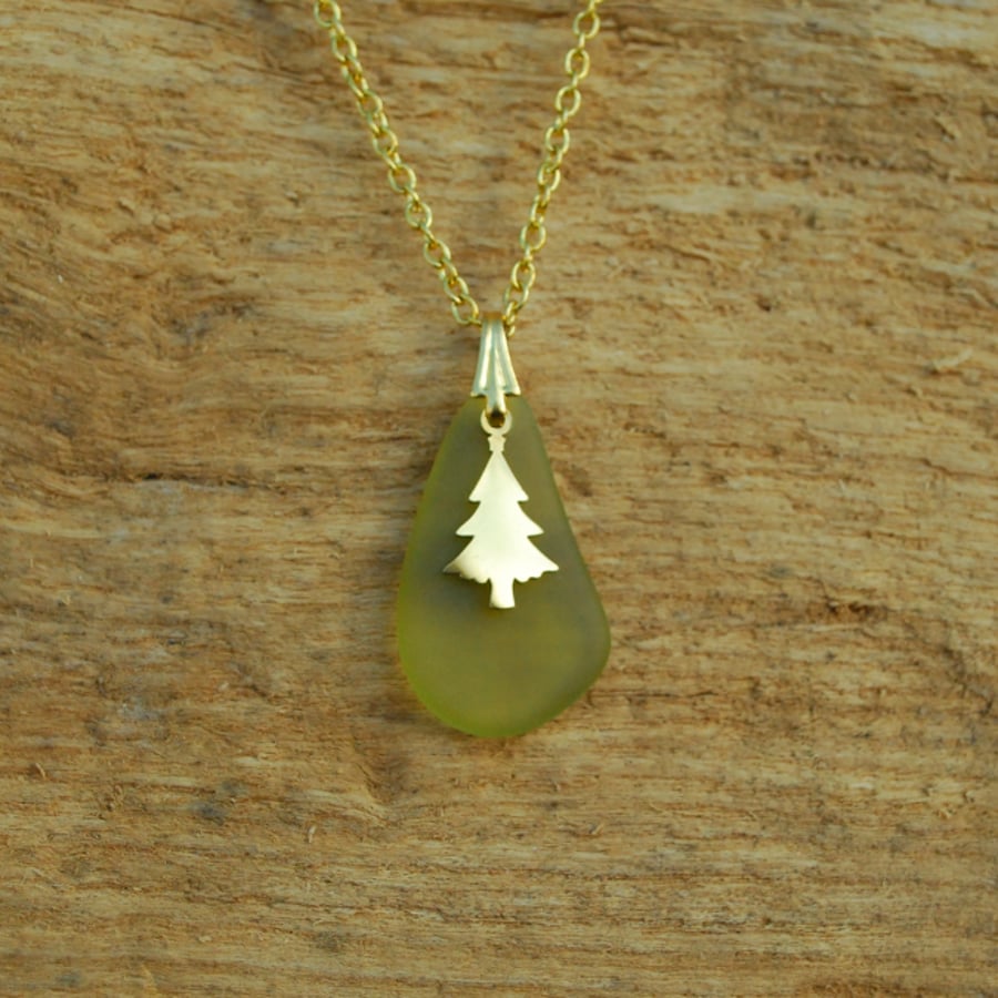 Light olive beach glass pendant with Christmas tree charm
