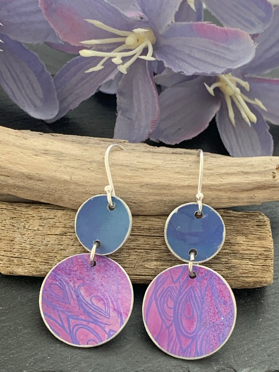 Printed Aluminium Earrings- Cornflower blue and Lilac Peacock Feather Print