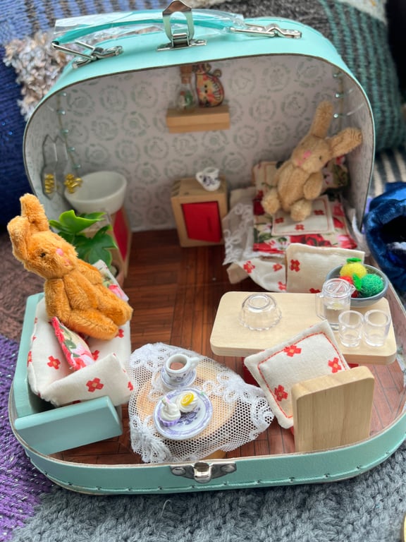 Rabbit Bedsit doll's house in a suitcase 