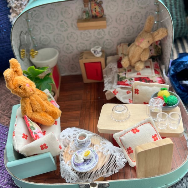 Rabbit Bedsit doll's house in a suitcase 