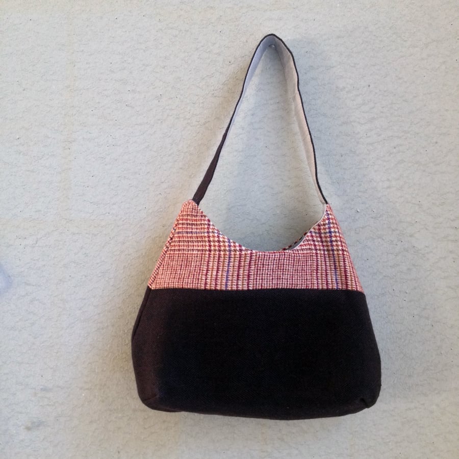 Handmade upcycled wool tweed magnetic snap closure bag