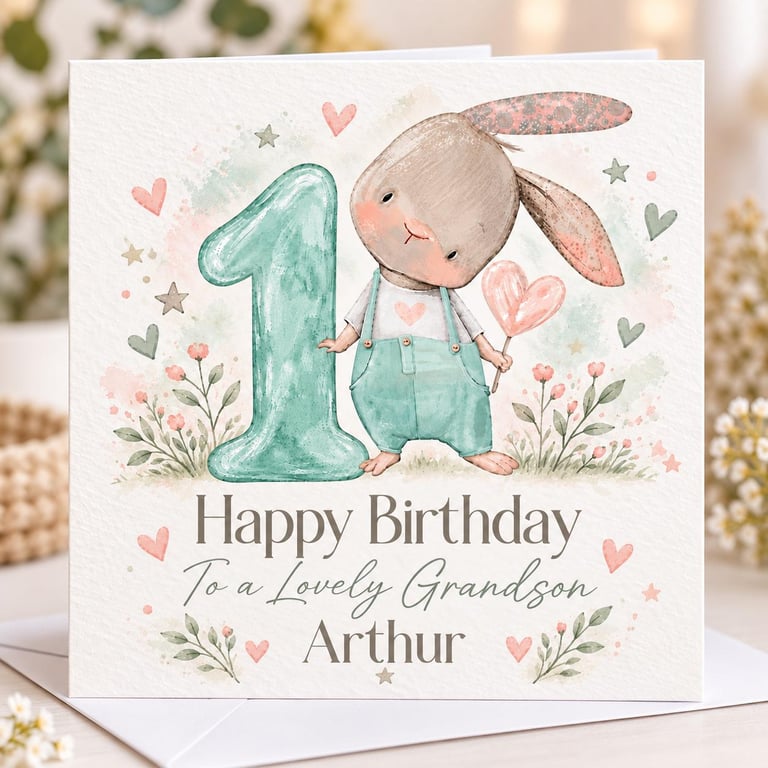 Personalised 1st Birthday Card, Cute Bunny Rabbit Card, Any Name & Relation