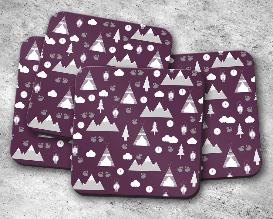 Set of 4 Purple Camping Theme Design Coasters