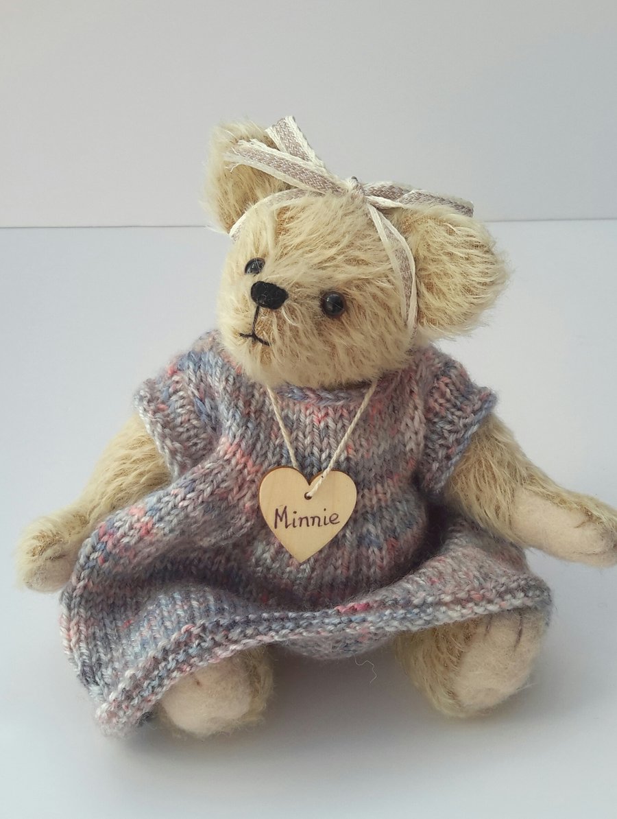 Minnie, 9" Dressed Mohair Bear, OOAK Collectable Artist Bear, Teddy Bear 