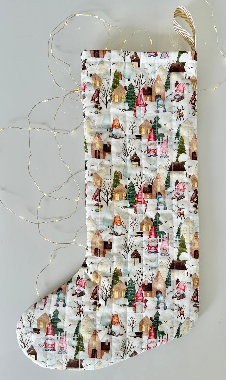 Quilted Christmas Stocking, Gonk snowy village.