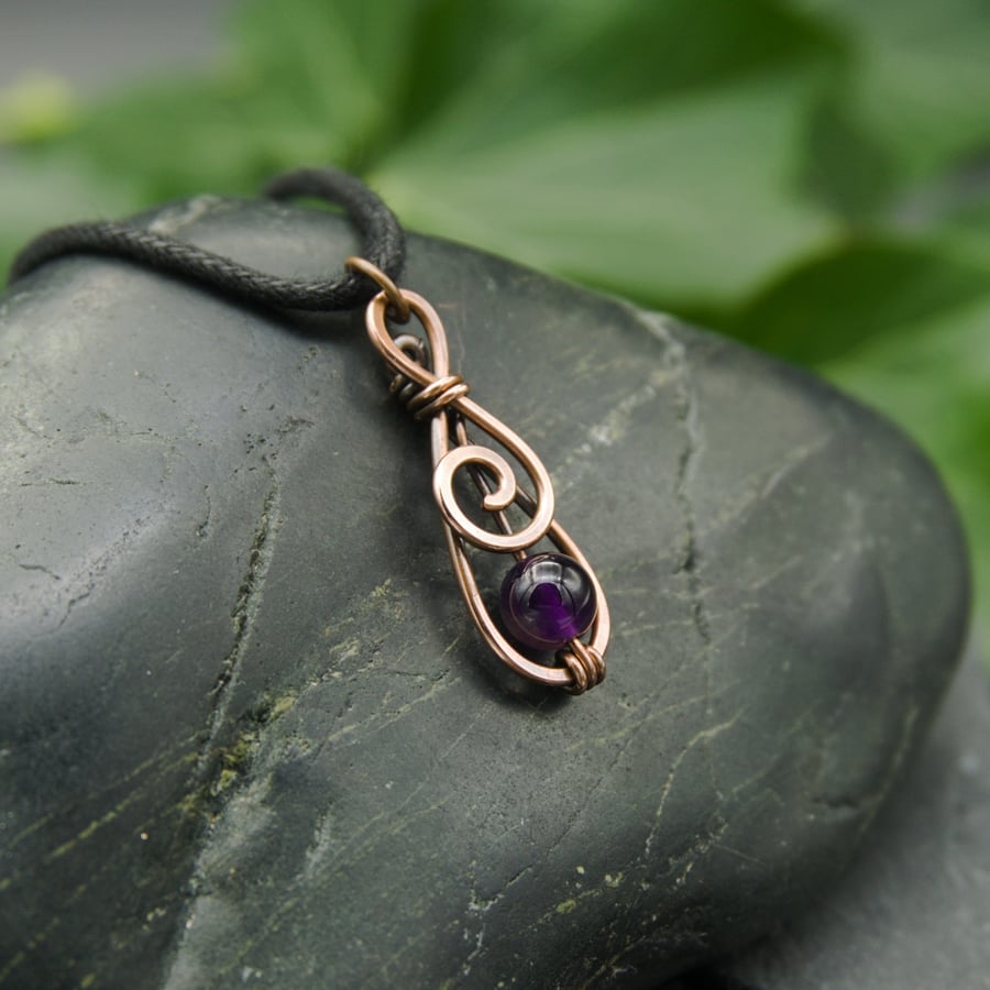 Hammered Copper Mini Spiral Pendant with Purple Amethyst 