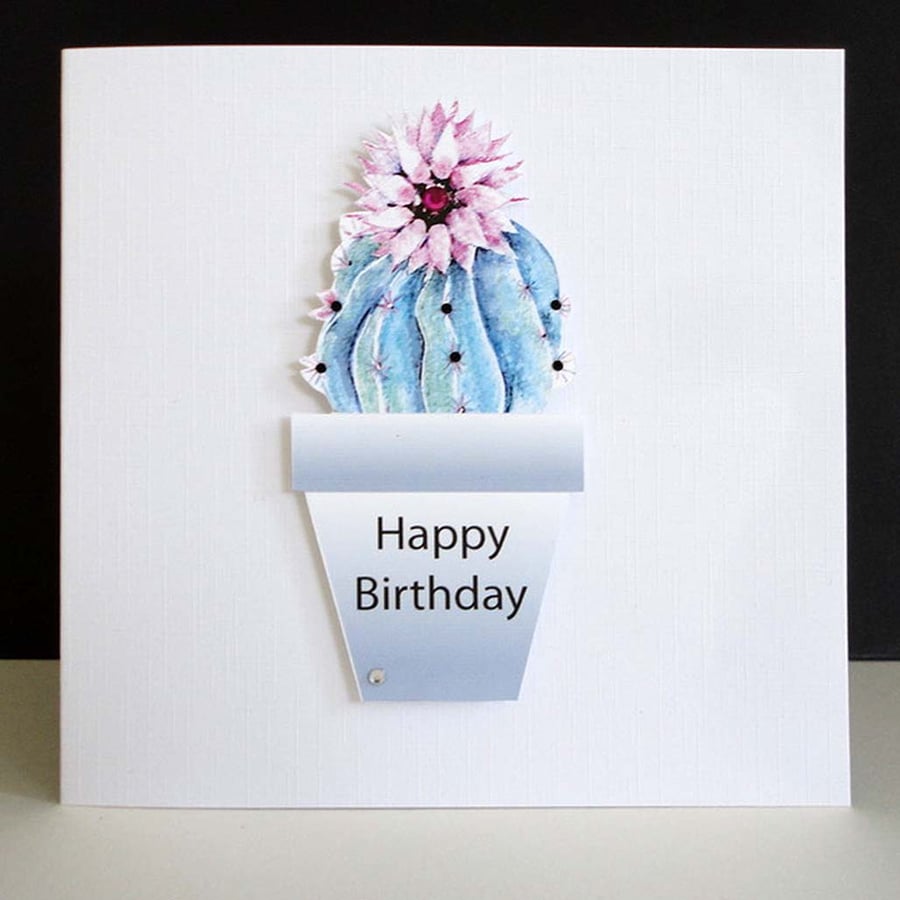Rosy Pincushion Cactus Happy Birthday Card